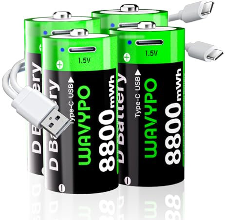 WAVYPO Rechargeable Lithium D Batteries, 8800mWh High Capacity D Cell Batteries with 2 in 1 USB-C Charging Cable, D Size Cell Battery Replacement for Floodlight Toys (4 Pack)