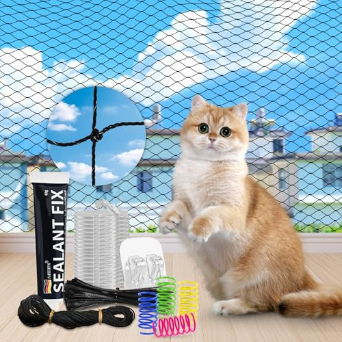 CENOVE Filet de Protection pour Chat Balcon sans Percer, 3×4M / 3×6M / 3×8M Filet Chat Balcon Renforcé avec Crochets Adhésifs, Silicone & Attaches de Câble et Jouets pour Chats