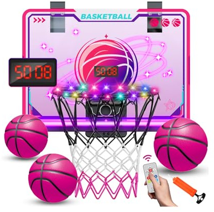 VATOS Panier de basket-ball rose pour branchies avec tableau de score électronique, 7 lumières de couleur, télécommande pour filles et enfants de 5 à 12 ans, ensemble de basket-ball d'intérieur rose