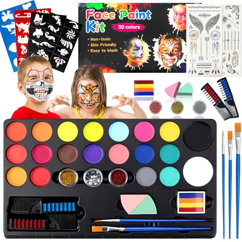 Kinderschminke Set,20 Farben Gesichtsfarben Kinderschminken,38Pcs Ungiftige Face Paint,Waschbar Face Painting Kit for Kids,mit Haarkreiden Pinsel,Ideal Kinderschminke Set für Halloween Karneval
