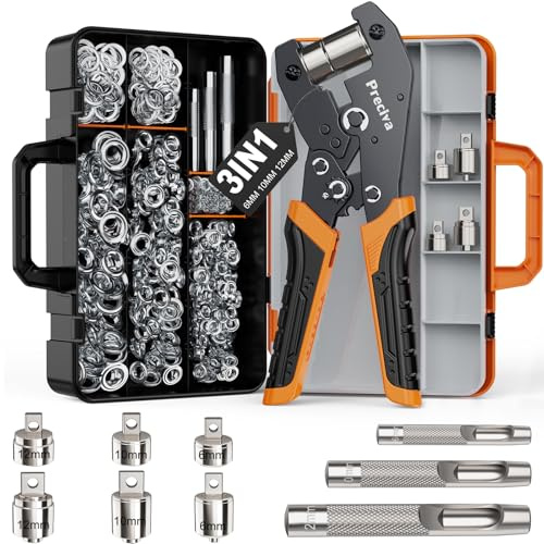 Preciva Ösenzange Austauschbar Zangekopf Ösenpresse mit Aufbewahrungsbox und 300 Ösen (Je 100 Ösen in Ø6mm, Ø10mm und Ø12mm) für PVC-Banner, Planen, Karton