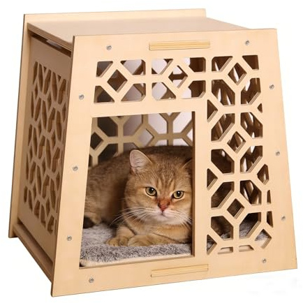 Indoor Solid Wood Cat House, Handcrafted Vintage Carved Hollow Design, Natural Wood Finish, Easy Assembly & Cleaning, Elegant Pet Shelter for Feline Friends