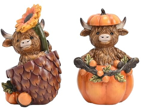 Valery Madelyn Autumn Decorations, Set of 2 Fall Highland Cows Ornaments with Pumpkin, Pinecone, Resin Halloween Decor for Yaks Gifts, Fall Decorations for Living Room, Bedroom, Garden, 11CM