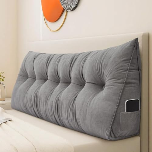 M.J COMFY-LIFE Large Lumbar Pillow Triangular Reading Pillow – Ergonomic Backrest Support Cushion for Bed & Sofa, Headboard Wedge with Removable Cover & Side Pocket for Reading (Grey, 2M)