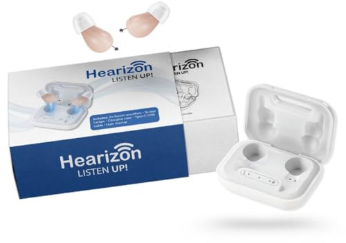 Hearizon Sound Amplifiers - Rechargeable Digital In-Ear Device with Adaptive Sound Boost - 20 Hour Battery - Nearly Invisible Hearing Amplification Buds for Adults & Seniors - By Hearizon Hearing