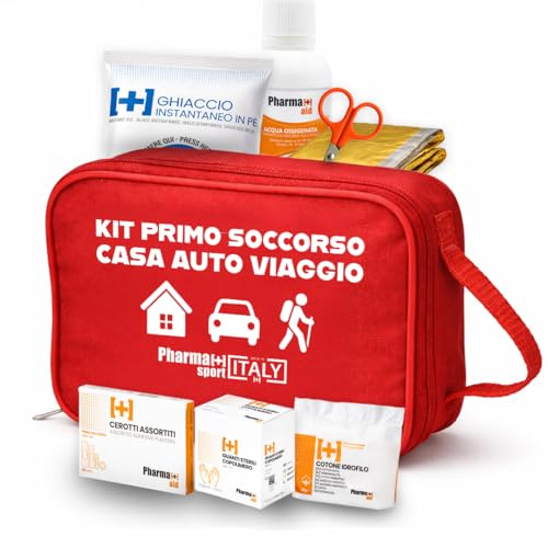 PHARMAPIÙ SPORT – Kit Primo Soccorso per Casa, Auto e Viaggio | Borsa Emergenza Completa con Garze, Cerotti, Disinfettante e Guanti | MADE IN ITALY