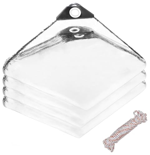 Slwnrc Telo Impermeabile Esterno Trasparente 3 x 3m PVC Telone di Copertura Trasparente con Occhiellato 400 g/m² Multiuso per Balcone, Terrazzo, Serra, Campeggio include 10 Metri di Corda