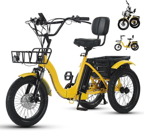 GCLCPAEN Triciclo Eléctrico,Llantas Anchas De 18X3,Diseño Plegable,3 Modos De Conducción,7 Velocidades,Cesta Portaobjetos,Panel Digital,Sensibilidad De Frenado,Ideal para Picnics Y Fitness Yellow
