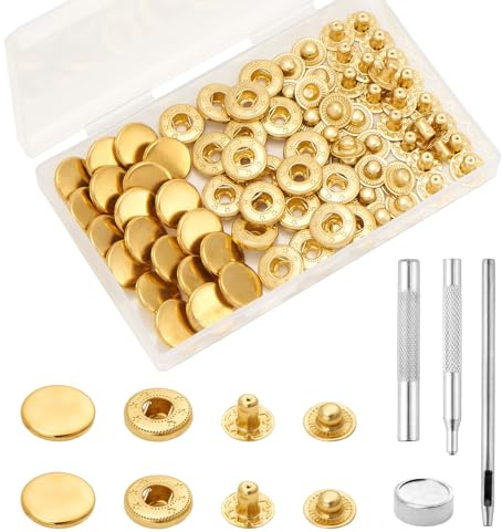 QIUTIMIY 20-delars set lädertryckknappar, tryckknappar med uppsättningsverktyg, 15 mm metalltryckknappsats för tyg, sömnadsmaterial (guld)