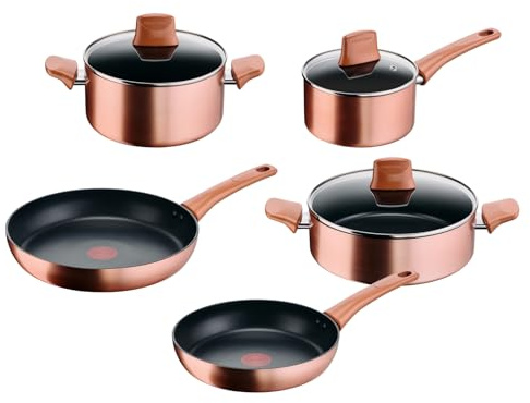 Lagostina Rosé, Set di Pentole e Padelle Antiaderenti, 8 Pezzi, Rivestimento Titanium, Indicatore di Calore Thermo-Signal, Manico Rivettato, Compatibile con Induzione, Colore Oro Rosa