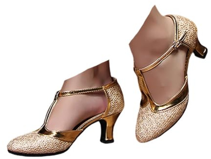 Hixingo Chaussures de Danse Latine Femme Bout Fermé Talon 5,5cm,Chaussures De Salsa Tango Valse Fête Sociale pour Jazz/Latin/National Mark/Rumba/Cha Cha (D309 Or,37)
