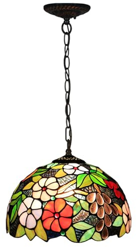 Grape Lamp Tiffany-Style Hanging Pendant Light 12 Inch Wide Stained Glass Lamp Shade Chandelier Kitchen Island Foyer Bedroom Living Dining Room Lighting Ceiling Light Fixtures (G5)