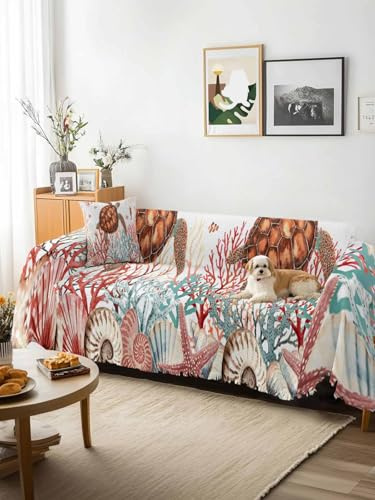 Brown Turtle Coastal Sofa Cover Blanket Couch Covers for Armchair Cushion,Couch Sofa Silpcover with Tassel,Summer Beach Nautical Coral Shells Ocean Living Room Throw Towel Blanket Covers XX-L 71x150