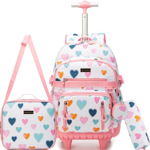 HTgroce Cartable Fille Primaire Roulette, Cartable Sac Trolley Collège/Lycée avec Sac Repas Trousse à Crayons
