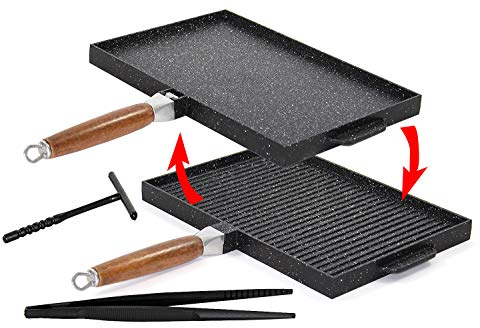 Padella Rettangolare Doppia In Pietra Lavica Antiaderente Liscia e Grigliata No Condimenti Black