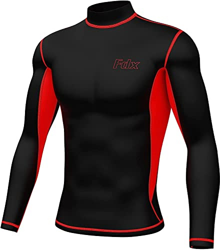 FDX Men's Super Thermal Compression Armour Base Layer Long Sleeve Cold Wear Top (Red-XL)