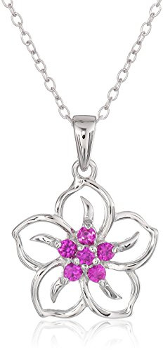 Amazon Essentials Sterling Silver Created Ruby Flower Pendant Necklace, 18