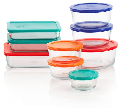 Pyrex Simply Store (9-Pack) Mixed Sized Glass Food Storage Set, Round & Rectangular Containers With Plastic Lids, BPA-Free, Dishwasher & Microwave Safe