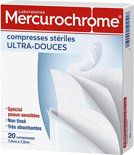 MERCUROCHROME - Compresses Stériles Ultra-Douces - Non Tissé - Spécial Peaux Sensibles - Ultra-Absorbantes - Nettoyage des Plaies - 7.5 x 7.5 cm - Boîte de 20 Compresses