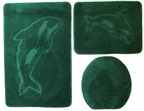 Ilkadim Delphin Badgarnitur 3 TLG. Set 55x85 cm einfarbig, WC Vorleger ohne Ausschnitt für Hänge-WC (dunkelgrün)