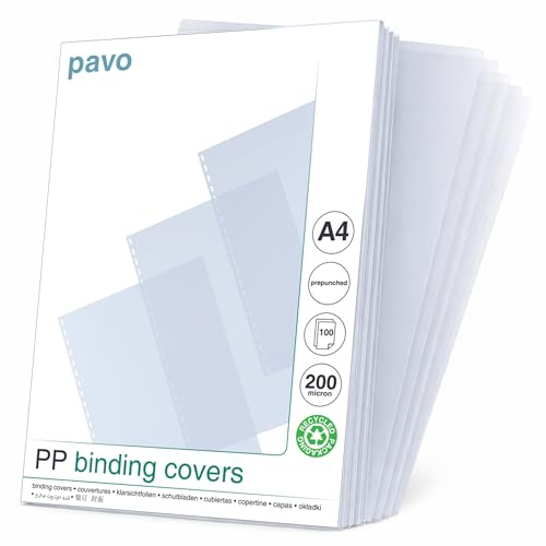 Pavo Boîte de 100 Couvertures de reliure perforées en polypro 200 microns A4 Transparent