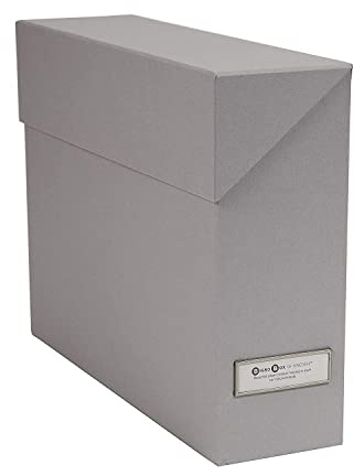 Bigso Lovisa Fiberboard Label Frame 12 File Storage Box - Document Organizer for Important Paperwork - Durable Hanging File Box with a Flip Top Lid & Metal Label Window - 3.7 in x 13 in x 9.4in - Grey