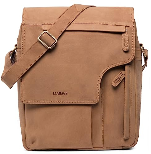 LEABAGS Leder Umhängetasche Herren & Damen I Echtleder Laptoptasche bis 13 Zoll I Messenger Bag mit Schultergurt I Schultertasche I Arbeitstasche I Tragetasche I Handtasche I Nature Hellbraun