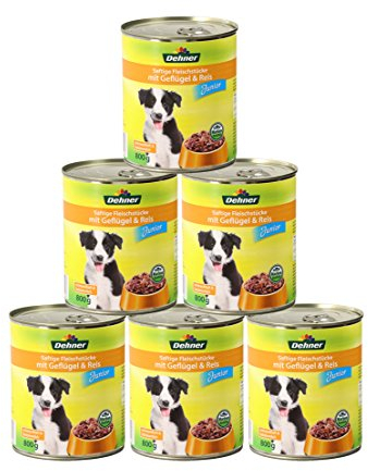 Dehner Hundefutter, Nassfutter vitaminreich, für Welpen und junge Hunde, Geflügel / Reis, 6 x 800 g Dose (4.8 kg)