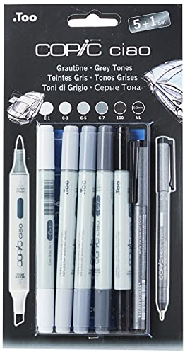 COPIC Ciao 5+1 Set Cold Grey Tones, 5 Twin Marker mit einer mittelbreiten und einer Brush-Spitze, inkl. Multiliner Black 0,3 mm