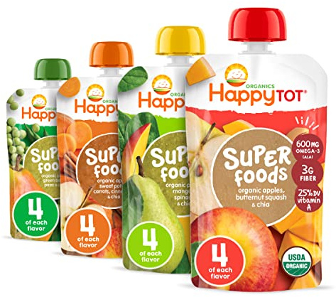 HAPPYTOT Organics Stage 4 Baby Food Pouches, Gluten Free, Vegan Snack, SuperFoods Fruit & Veggie Puree & Chia Variety Pack, 4.22 Ounce (Pack of 16), Amazon Exclusive