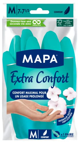 MAPA - Extra Confort - Gants de Ménage en Latex Doublure Textile 100% Coton - Confortables et Résistants pour un usage prolongé - 1 paire - Taille M
