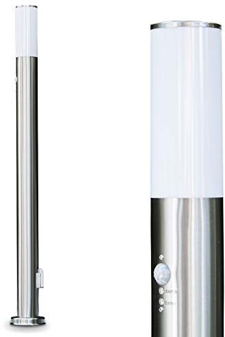 Lampada da esterno Caserta con rilevatore di movimento e presa di corrente, apparecchio a base moderna, acciaio inox, luce da sentiero 110 cm, E27, illuminazione da giardino IP44, senza lampadina/e