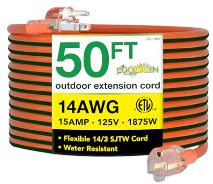 Go Green Power Inc. 14/3 50ft Outdoor Lighted Extension Cord - Heavy Duty, Contractor Grade, Moisture Resistant, Visible Power Indicator for Safety - Ideal for Tools & Equipment - GG-13850