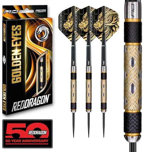 RED DRAGON – Golden Eyes – Juego Profesional de Dardos de tungsteno 85% (26 g) con Plumas y cañas.