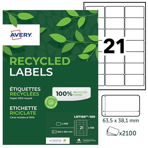 Avery Self Adhesive Recycled Address Mailing Labels, Laser Printers, 21 Labels Per A4 Sheet, 2100 labels, QuickPEEL (LR7160), white, 63.5 x 38.1 mm