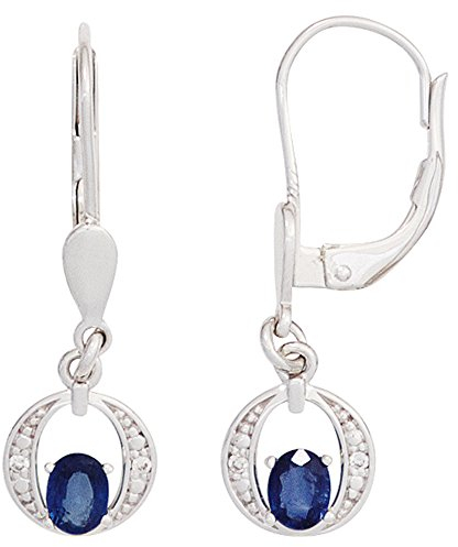 Jobo Damen-Ohrringe hängend aus 14 Karat 585 Weißgold mit Safir Oval und 4 Diamanten