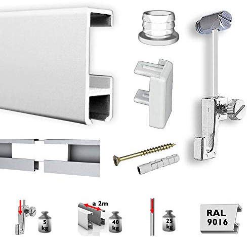 Neumann Bilderrahmen Bilderschienen Set 3 m mit Gleiter, Galerieschienen Set in weiß, Aufhängesystem für Bilder inkl. Zubehör