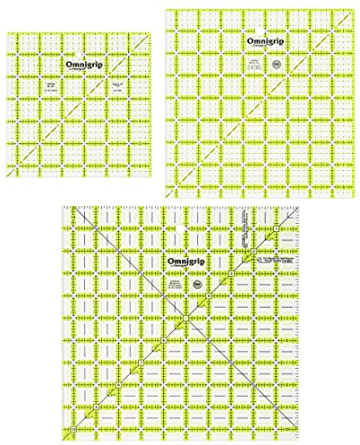 Dritz 6.5in 8.5in 10.5in Omnigrip Square Ruler Combo Pack, 6 by 6 Stitched in Yarn, Clear, RN65105S