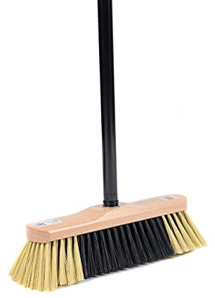 BawiTec Zimmerbesen 30cm Breit mit Teleskopstiel 75-130cm lang verstellbar Kehrbesen Haushaltsbesen Holz Buche lackiert mit Besenstiel feine weiche Borsten zweifarbig Kunsthaar für Innen