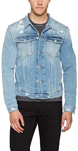 Tommy Jeans Hombre BASIC TRUCKER LIDST Manga Larga chaqueta de mezclilla Azul (Light Indigo Destructed Stretch) X-Large