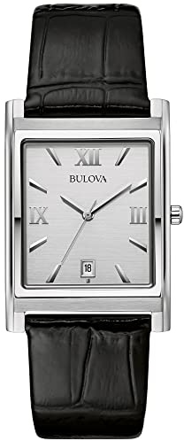 Bulova Men's Stainless Steel 3-Hand Calendar Date Quartz Watch with Black Leather Strap, Rectangle Dial Style: 96B107