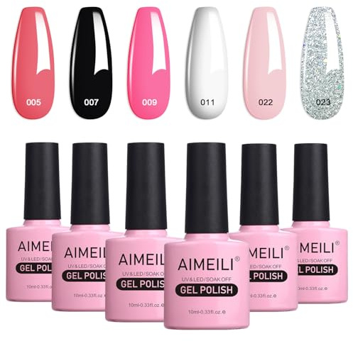 AIMEILI Gel Nail Polishes Nude Pink Black White Glitter Gel Polish Set Soak Off UV LED Nail Salon Set Gel Varnish Manicure Set - Long Lasting & Easy to Apply 6pcs X 10ml - Kit1