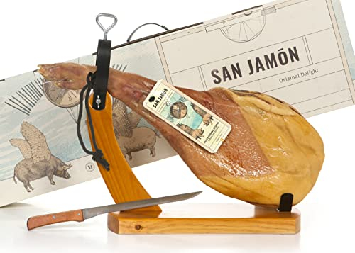 SAN JAMÓN. Set de Paleta Serrana Gran Reserva con Soporte Jamonero de Madera y Cuchillo. Juego de Corte con Paleta de Elaboración Artesana de 4,5-5 kilos y una Curación de 10-12 Meses en Secadero Natural.