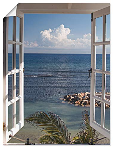 ARTLAND Wanddeko Poster & Kunstdrucke Wandposter 60x80 cm Fensterblick Fenster zum Paradies Strand Meer Maritim Palmen Landschaft T9II