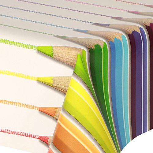 PVC Tablecloth Crayons 2.5 Metres (250cm x 140cm), Bright & Bold Colour Pencils, Red Orange Yellow Lime Green Blue Navy Purple Pink Lilac White, Wipe Clean, Vinyl/Plastic Table Cloth