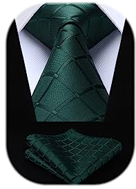 HISDERN Krawatte Dunkelgrün Herren Formelle Klassische Karierte Krawatten mit Einstecktuch Hochzeit Herrenkrawatte und Taschentuch Set für Männer