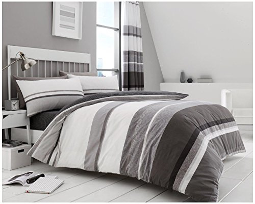 GC GAVENO CAVAILIA Reversible Duvet Cover Set Grey, Striped Bedding King Size, Easy Care Polycotton Quilt Covers