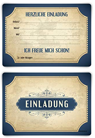Einladungskarten Geburtstag Konfirmation Taufe Kommunion jeder Anlass 12 Stück Karten Set - Vintage Blau Vorausgefüllt