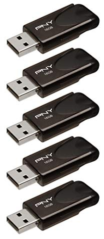 PNY Paquete de 5 Memorias Flash Attaché 4 USB 2.0 con Tapa Deslizante, Negro, 5x16GB