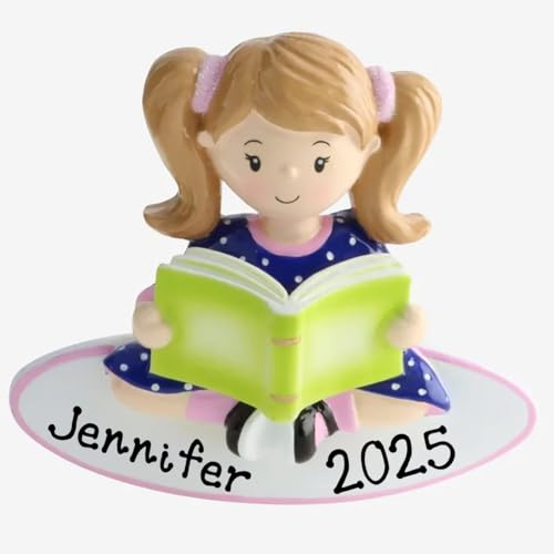 HOBBY HOME ACCESSORIES Girl/Boy Reading a Book Club Personalized Christmas Tree Ornament 2025 | Custom Writing Reading a Book Ornament GIF (Girl)